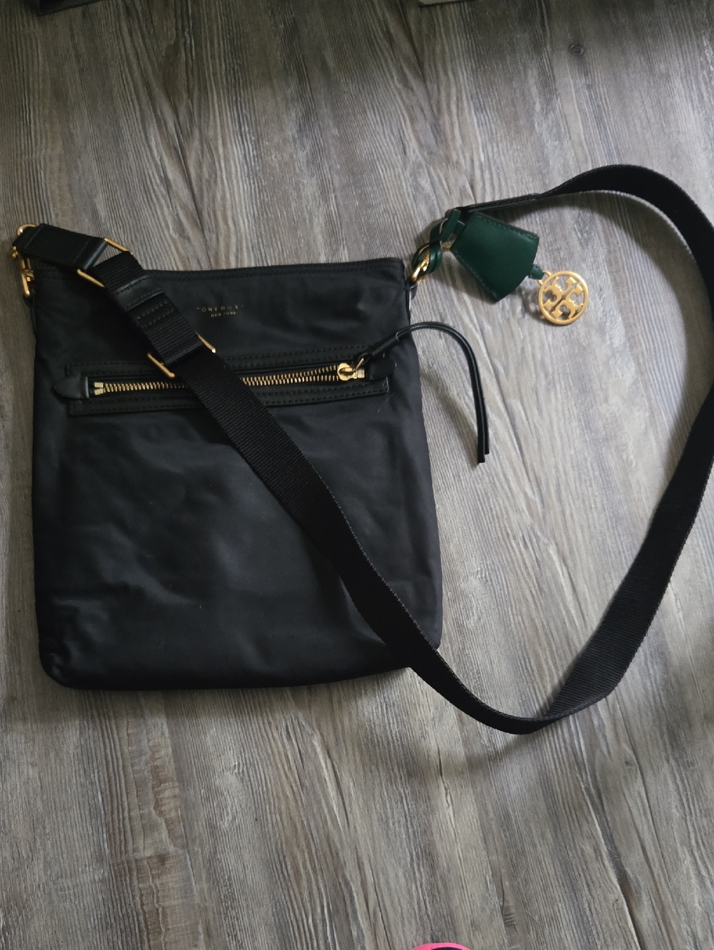 Tory Burch Black Nylon Crossbody with Gold Hardware and Green Charm